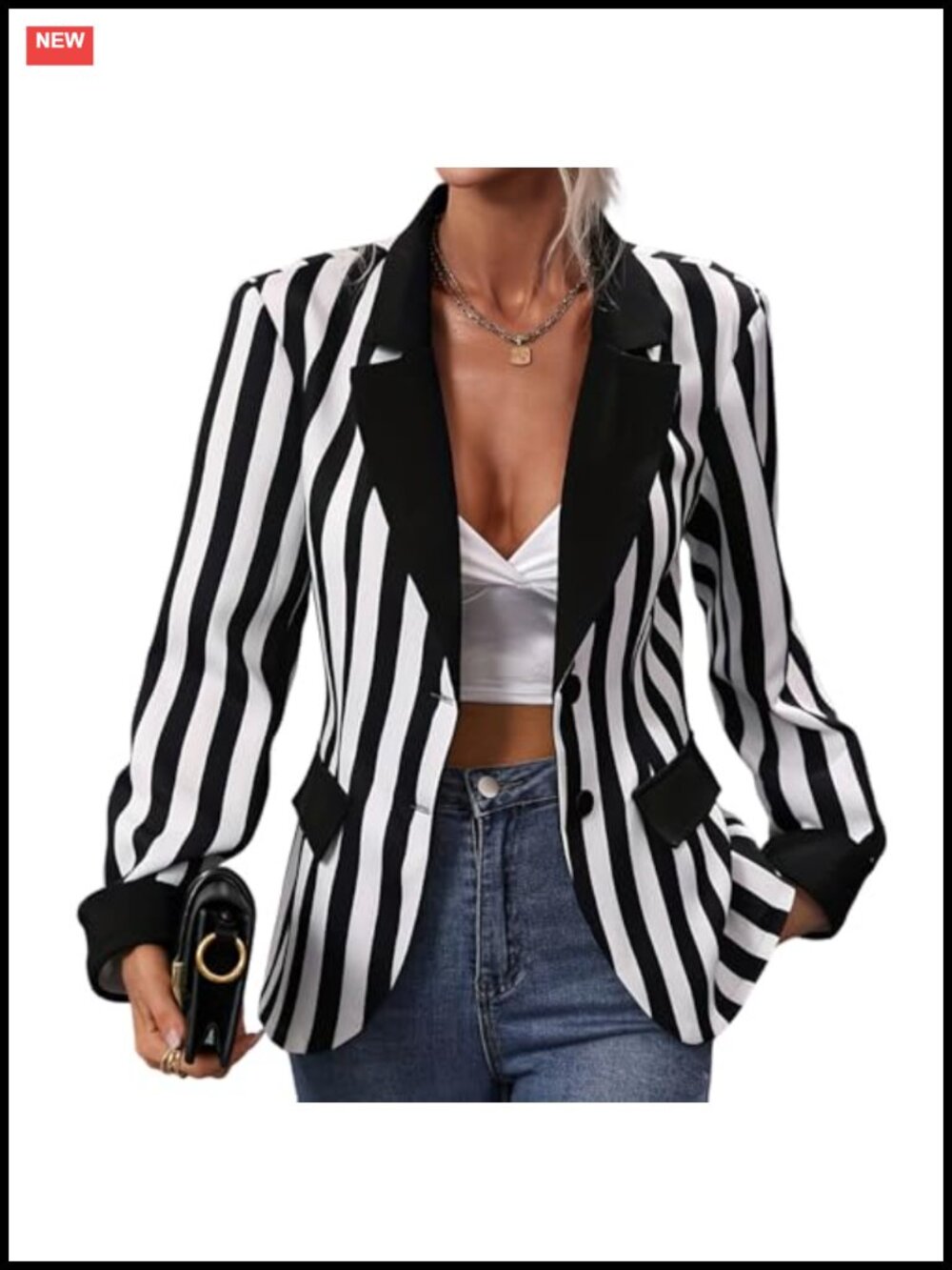 Women's Striped Blazer Long Sleeve Notch Collar Button Business Casual Jacket